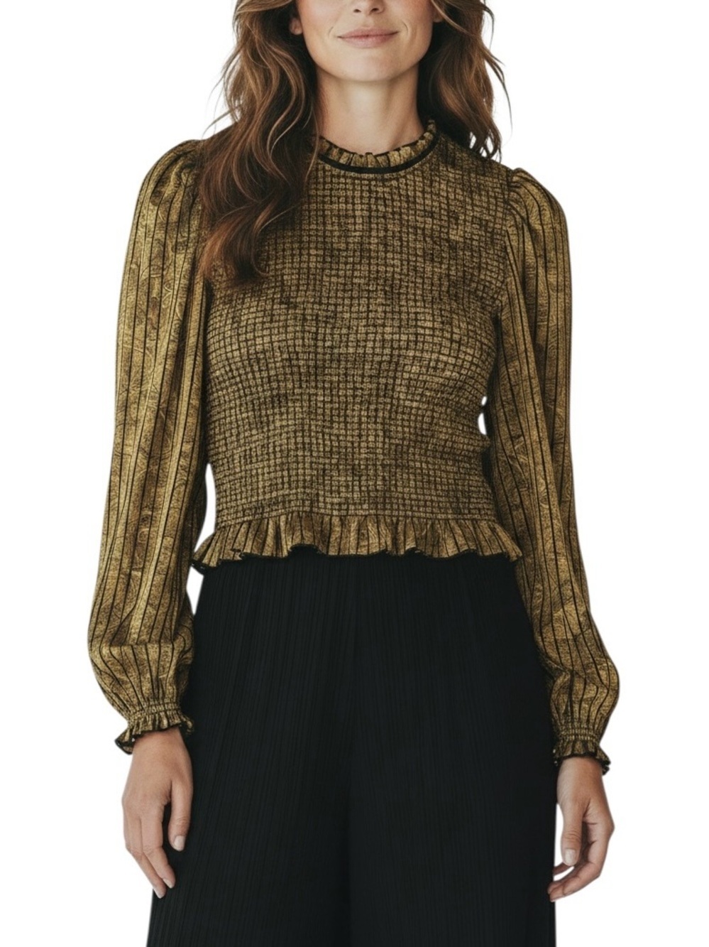Aritzia Wilfred Tempest Blouse Mustard / Gold Paisley Print Smocked Satin Sz S